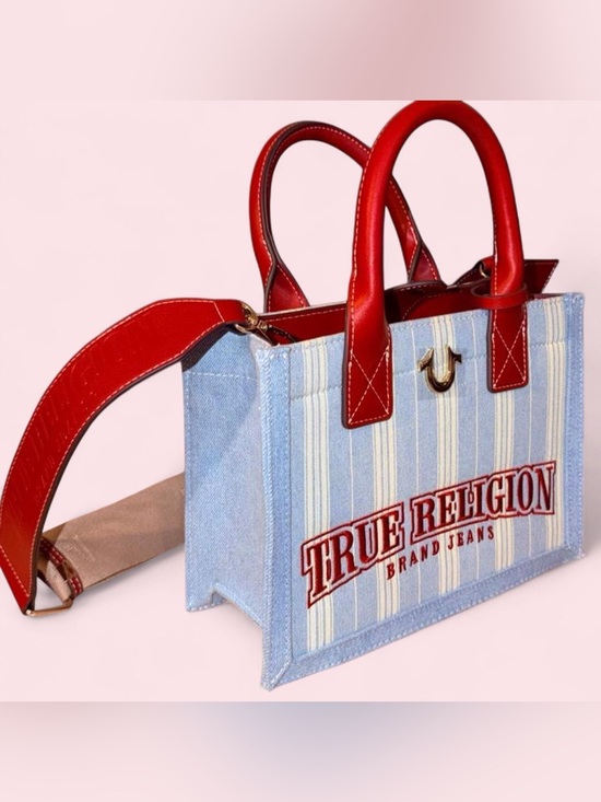 True Religion Handbags - True Religion Red & Light Blue Striped Canvas Tote